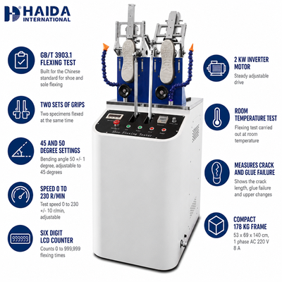เครื่องทดสอบการงอรองเท้า HAIDA เครื่องทดสอบการงอรองเท้าและพื้นรองเท้า เครื่องทดสอบความทนทานต่อการงอ อุปกรณ์ทดสอบรองเท้าตามมาตรฐาน GB T 3903.1