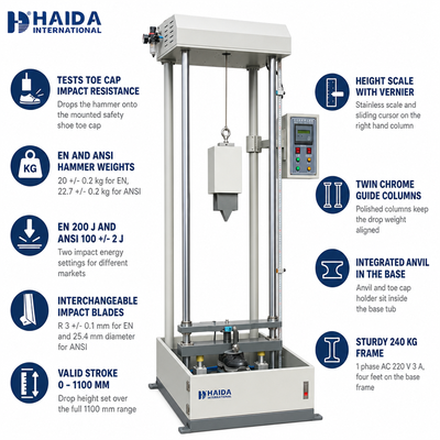 เครื่องทดสอบแรงกระแทกพื้นรองเท้า HAIDA เครื่องทดสอบแรงกระแทกฝาครอบนิ้วเท้า ความต้านทานแรงกระแทก อุปกรณ์ทดสอบรองเท้ามาตรฐาน EN ANSI
