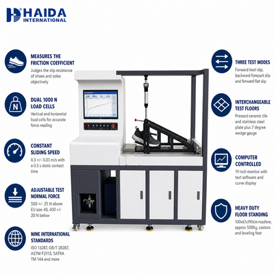 เครื่องทดสอบการลื่นไถล HAIDA เครื่องวัดสัมประสิทธิ์แรงเสียดทานพื้นรองเท้า ISO 13287 ASTM F2913 อุปกรณ์ทดสอบรองเท้า