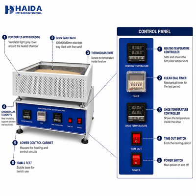 HAIDA รองเท้า เครื่องทดสอบความละเอียดความร้อน รองเท้าทั้งตัว เครื่องทดสอบความละเอียดความร้อน ISO 20344 5.12 อุปกรณ์ทดสอบรองเท้า
