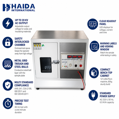 เครื่องทดสอบแรงดันไฟฟ้าทนทานของรองเท้า HAIDA เครื่องทดสอบแรงดันไฟฟ้าฉนวนพื้นรองเท้า เครื่องมือทดสอบรองเท้า ISO 20345