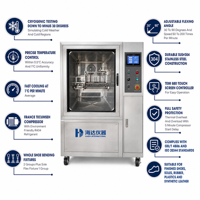 HAIDA Whole Shoe and Sole Flex Freezing Tester Low Temperature Flexing Testing Machine GB ISO 20344 Standard Equipment